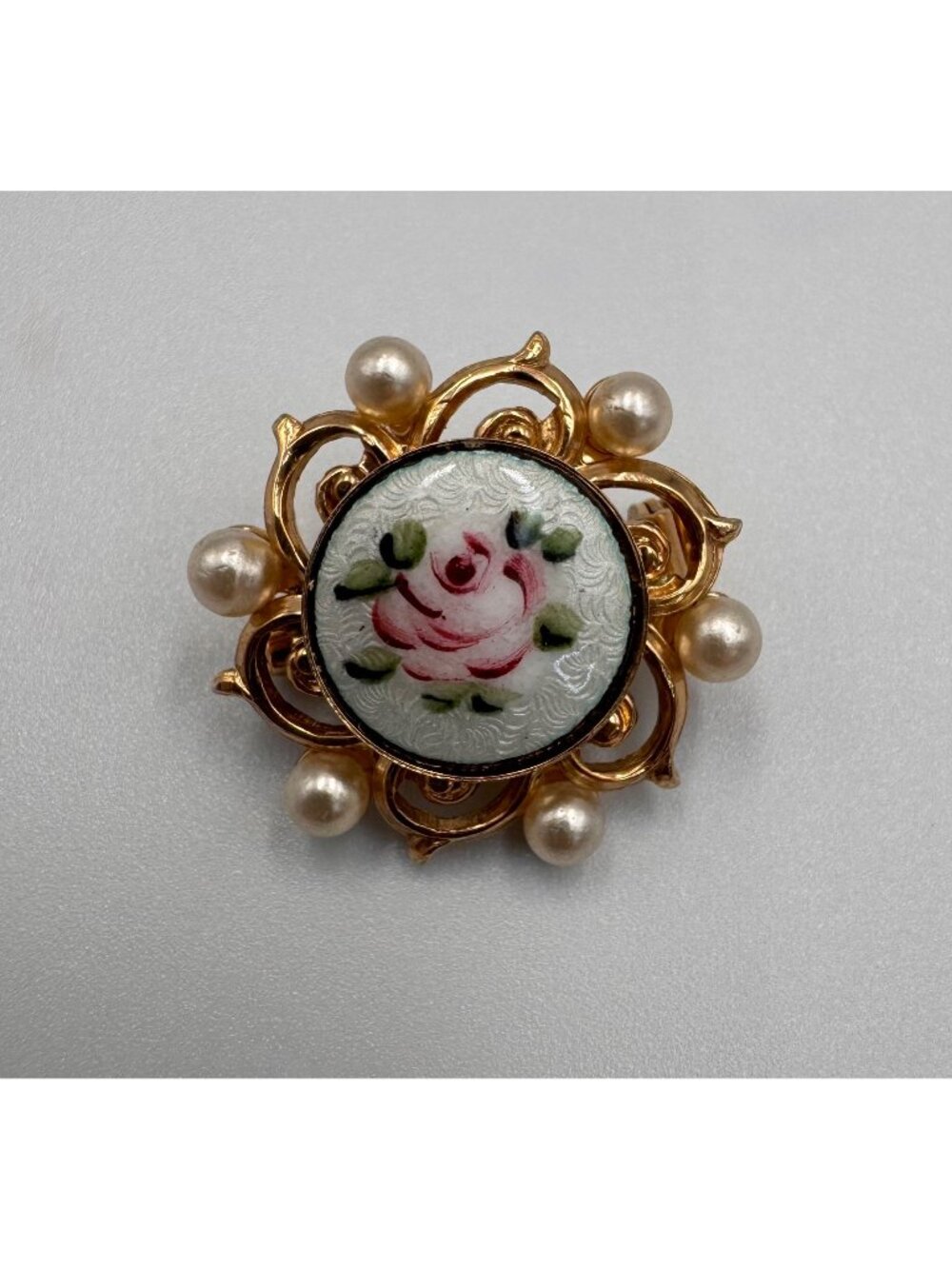 Vintage Guilloché Style Enamel Rose Faux Pearl Gold Tone Petite Brooch Pin